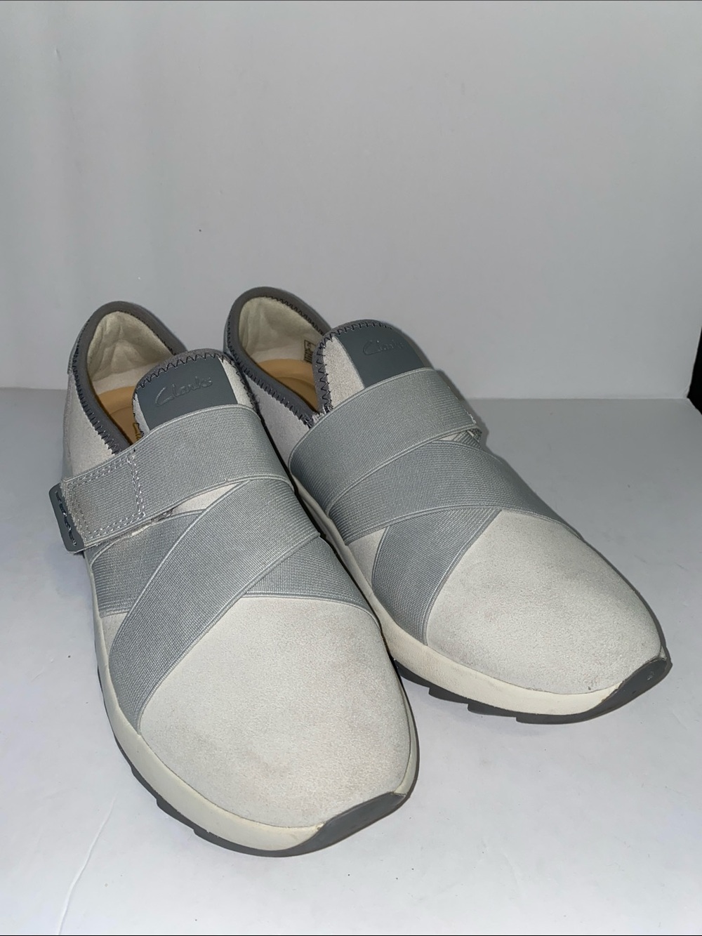 Clarks Women’s Dash Lite Strap Slip-On Sneakers in Light Gray and Gray